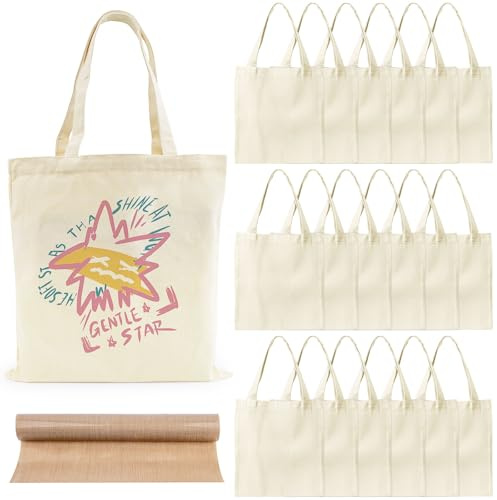 OGMBI 20 Stück Sublimation Canvas Tragetaschen 38 × 40 cm – natürliche Baumwoll-Tote Bags mit PTFE-Teflon-Schutzfolie, wiederverwendbare Tragetaschen mit Griff zum Bedrucken & Basteln