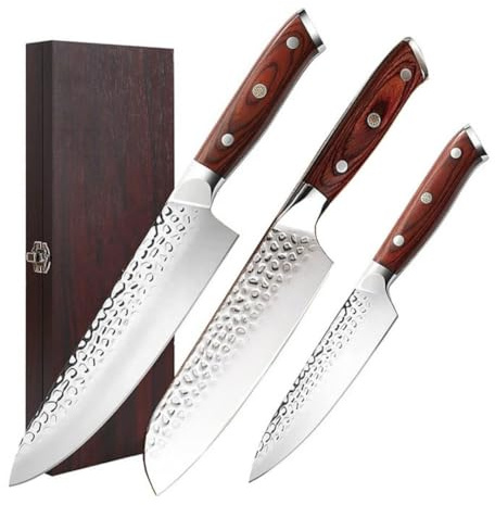 Lacers Purpleline 3-teiliges Profi Küchenmesser Set (Chefmesser, Santoku, Allzweckmesser) – ultrascharfe Edelstahl-Klingen im japanischen Design, inkl. edler Holzbox ideal zum verschenken