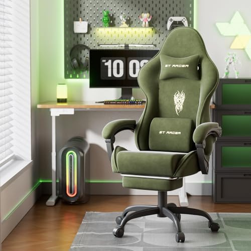 WoRaum Gaming Stuhl, Atmungsaktiver und Ergonomischer Bürostuhl aus Hochwertigem Stoff, So Weich Wie Pelz, Computerstuhl mit verstellbare Kopfstütze und Lendenkissen,Fußstütze(Grün)