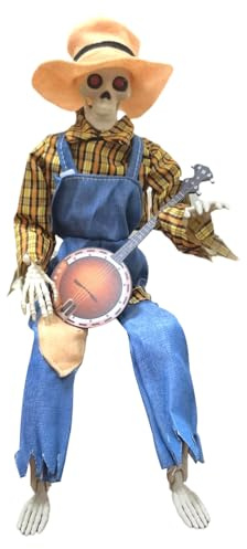Halloween-Skelett – 60 cm animiertes Banjo-Spiel-Skelett- – Gelenk, verstellbare musikalische Requisite für drinnen und draußen, Urlaub, Spukhaus-Party