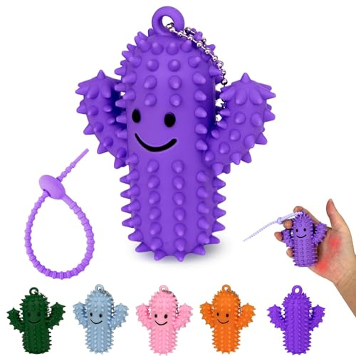 Fortivae Spiky Grippie Stim Keychain, 1 Pcs Little Ouchies Pain Fidget Toys, Silicone Cactus Pain Fidget Toy, Gifts for Adults Friends Coworkers（Purple）