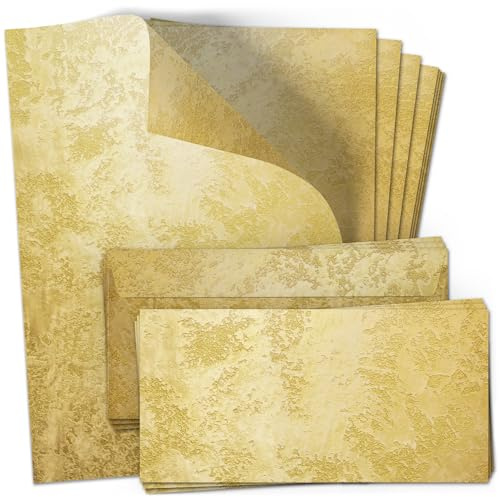 Briefpapier Set - 10 x Papier mit Gold-Look A4 und Umschlägen | Briefpapier Bastelpapier Weihnachten mit Umschlag DIN lang, Fotodruck Gold, Papier Kuvert bedruckt Einladung