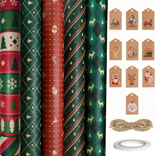 Kvaznix Carta da Regalo Natalizio Set 5 Rotolo di Carta da Regalo Natalizia 43x300cm Carta Natalizia Riciclata Riciclabile Wrapping Paper per Confezione Regalo di Natale