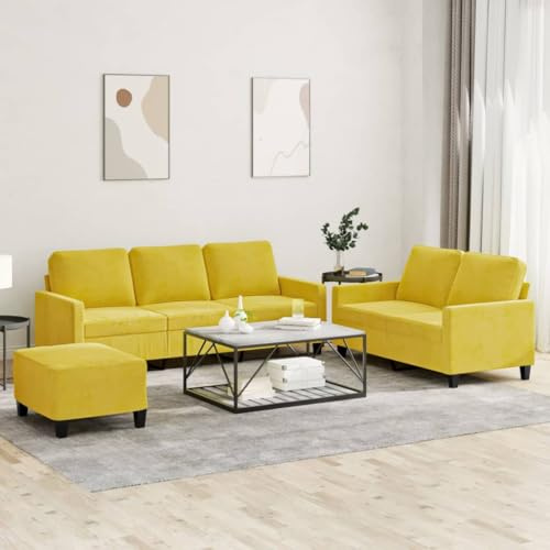 WEMYUFURN Sofagarnitur Samt Beige 3-Sitzer mit Hocker, Weich und Bequem, Robustes Gestell aus Sperrholz Metall, Vielseitig für Wohnzimmer, Sitzfläche Dick Gepolstert, Stabiles Sitzmöbel