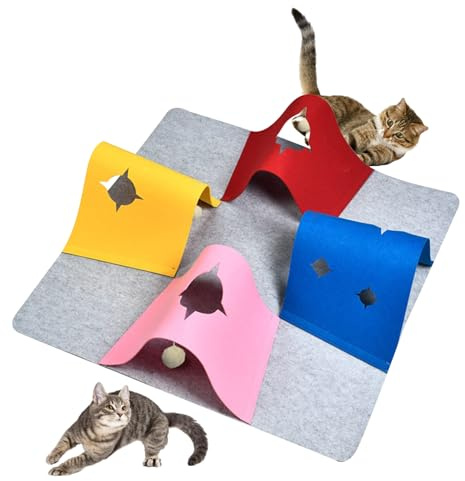 driattie Interaktive Katzen Spielmatte Mit Tunnel, Falbarer Filz-Teppich 90x90 cm Für Beschäftigungsspiele Und Intelligenztraining