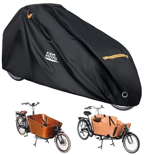 KEMIMOTO Lastenrad Abdeckung, 420D strapazierfähiges Material - Wasserdicht, Extra Lange Zweirad-Abdeckung, Fahrradschutzhülle Cargo Bike einspurig mit UV-Schutz, Faltbare Lastenrad Abdeckplane