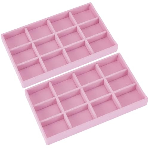 SOFPLATE 2 bandeja Organizadora de Terciopelo para Cajones de Joyas Apilable Color Rosa con 12 compartimentos Elegantes Insertos para Cajones para Anillos Pendientes Collares Pulseras Almacenamiento E