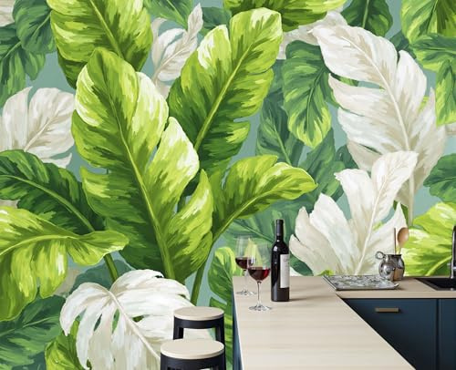 Carta Da Parati Verde Bianco Foglie Di Banano 250x175cm, Fotomurali in Seta Murale Piante Naturali Tropicali Decorazione Da Muro Poster Gigante Design Carta Pareti per Soggiorno Ufficio