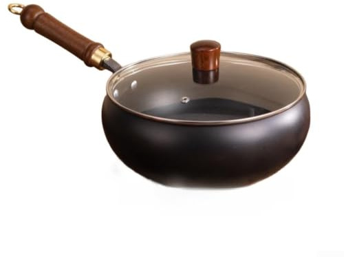 Wok in acciaio al carbonio con coperchio in vetro, padella in ferro da 26 cm per induzione a gas elettrico, padella antiaderente nitrata con manico in legno per arrostire, stufare, friggere (26 cm con