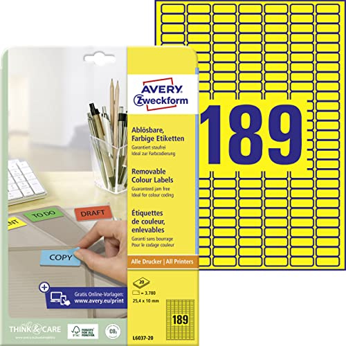Avery Zweckform L6037-20 Coloured Mini Labels 25.4 x 10 mm for Colour Coding Pack of 20 Sheets