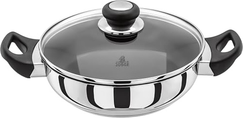 Judge Vista Stainless Steel Non-Stick Shallow Casserole 24cm, Frying Pan with Shatterproof Glass Lid, Induction Ready, Oven Safe
