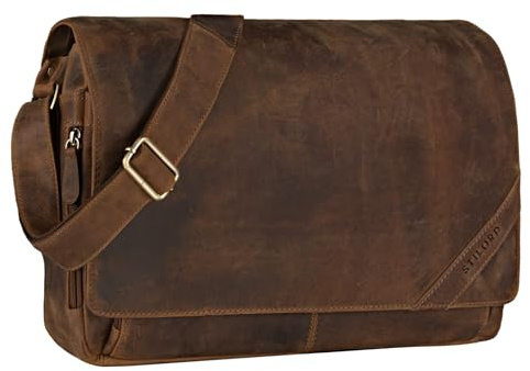STILORD Nick Umhängetasche Leder Herren Damen Unitasche 15.6 Zoll Laptoptasche Aktentasche Bürotasche Vintage Büffel-Leder Farbe:Cognac - glänzend