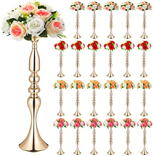 Rtteri 24 Pcs 20 Inch Tall Wedding Flower Stand Wedding Centerpieces for Table Metal Centerpiece Stand Flower Vase Floral Arrangement Holders for Reception Birthday Party Hotel Home Decoration (Gold)