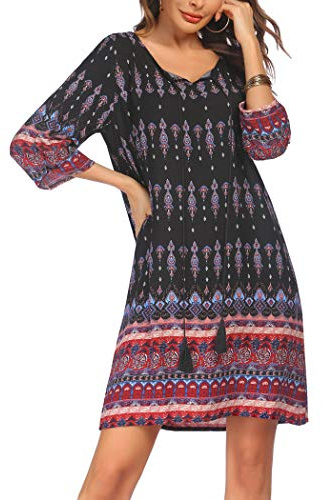 Women 2026 Summer Dress Boho Floral 3/4 Sleeve Ladies Casual Swing Midi Dress Black L