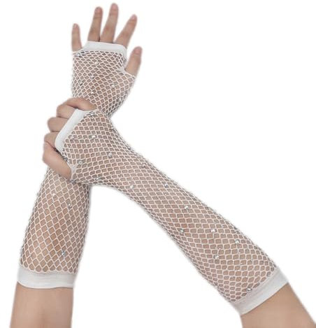 Anevous 1 Paar Lange Netzhandschuhe, Fingerlose Handschuhe Netzhandschuhe mit Strass 80er Glänzende Opernhandschuhe für Retro Party Kostüm Zubehör Kostümparty Halloween Cosplay,Weiß