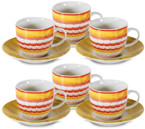 ARCA, Set 6 Tazzine da Caffè Apulia con Piattino, Realizzate in Porcellana Decorata, Capacità 90 ml, 11x6 cm, Rosso
