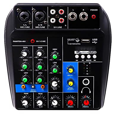 Mezclador de DJ, Consola mezcladora de sonido 4 canales 48V Efecto de retardo incorporado Equipo de grabación de computadora compatible con, Decks de DJ
