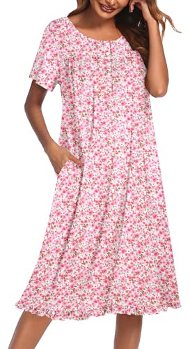 Ekouaer Nightgowns for Women with Pockets Button Front Short Sleeve House Dresses Floral Print Mumu Dress, Pink Flower, Large