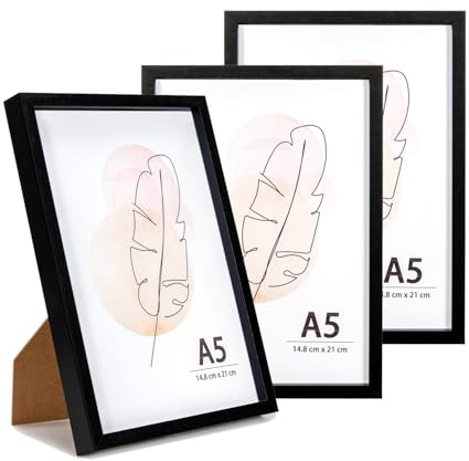 KAIWIN Bilderrahmen A5 Schwarz Holz Fotorahmen 3er Set Holzrrahmen zum aufhängen und aufstellen Benutzt für Wohnzimmer, Schlafzimmer, Arbeitszimmer, für Fotos, Kunstwerke und Poster