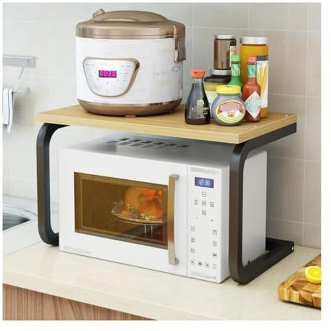 Soporte de madera para microondas con marco de acero para almacenamiento de encimera de cocina, organizador de estante de microondas con estante para especias, estante para horno de microondas para