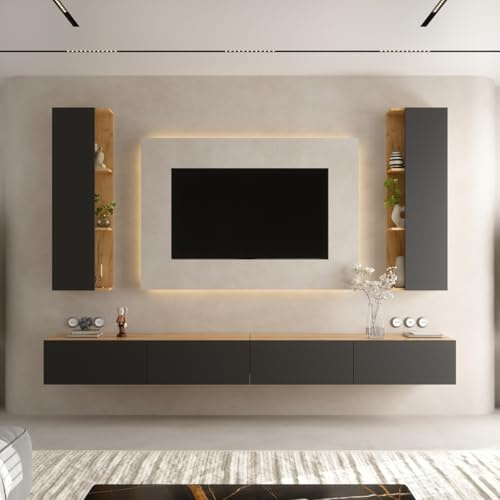 Planetmöbel TV-Schrank, Fernsehtisch 280 cm lang, 2X TV-Schrank | 40 x 130 x 17 cm hängend, Fernsehschrank für Wohnzimmer, 2x TV Lowboard 140 x 30 x 37,8 cm, Gold Eiche Anthrazit