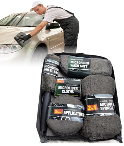 9-pack biltvättssats, biltvättsrengöringssats, med torkning, tvättvante, hjulrengöringsborste (grå)