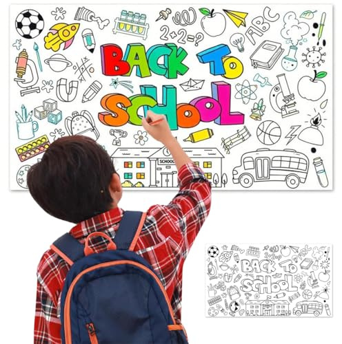 BLPRKOT Rollo de Papel para Pintar y Colorear, Mantel de Papel para Colorear, Motivo Vuelta al Cole, Decoración para Actividades Infantiles, para Niños y Niñas en Inicio de Curso