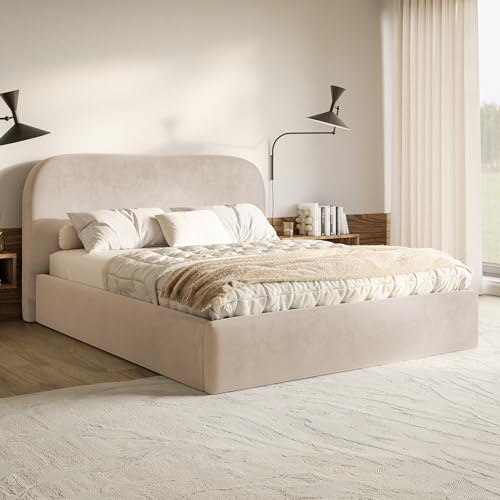 MOTIVENA Mono Bett 160x200 Beige Samt, mit Stauraum, mit Kopfteil, mit Lattenrost, ohne Füße, ohne Matratze, Polsterbett 160x200 mit Bettkasten Beige (Creme)
