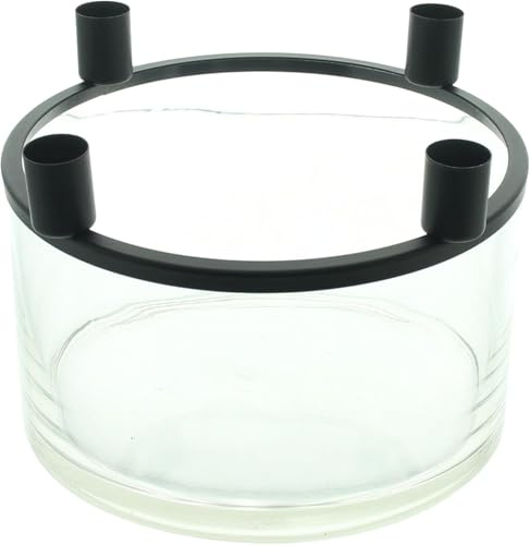 FRANK FLECHTWAREN Schale Clear Glas Stabkerzenhalter Ø21x15 cm | Klarglas, mattschwarzer Metallring, Stabkerzen bis Ø2,2 cm, befüllbar mit Blüten, Steinen, moderne Tischdeko