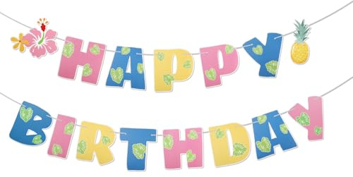 Bannière de Joyeux Anniversaire Dessin Animé, Décoration d'Anniversaire Hawaïenne Rose Bleu et Jaune Pré-Enfilées Décor avec des Fleurs et un Ananas pour Fête sur le Thème la Plage l'Été