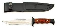 Muela Cuchillo 5161-M hoja de acero ACX-380 de 16 cm y empuñadura de madera prensada para Caza, Pesca, Supervivencia y Bushcraft Realizado en Ciudad Real + Portabotellas de regalo