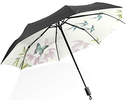 MONTOJ Halcyon Cream Birds Butterfflies Pattern Sun&Rain?Umbrella UV?Protection