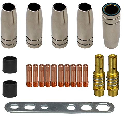 WJMY Verschleißteile Set Schweißzubehör passend MIG/MAG Schweißbrenner 20 Teile | 5 x Gasdüse MB15 | 2 x Düsenstock | 10 x Stromdüse M6 0,8mm | 2 x Isolator | 1 x Werkzeug