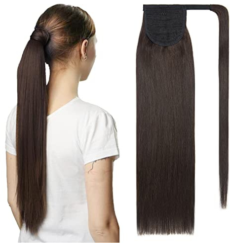 TESS Pferdeschwanz Haarteil Echthaar 55 cm 95g Lang Glatt Gewickelt Ponytail Extension Echthaar Wrap around für Frauen (55 cm-#2Dunkelbraun)