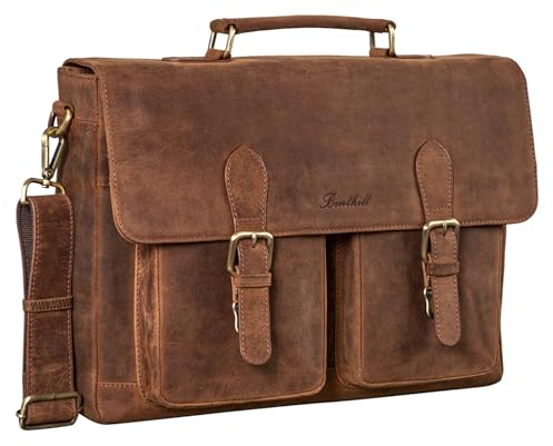 Benthill Aktentasche Leder Laptoptasche - Ledertasche für Damen und Herren Gross - Briefcase - Umhängetasche aus echtem Leder - Große Schultertasche für Laptop, Farbe:Brown - Tan (H)