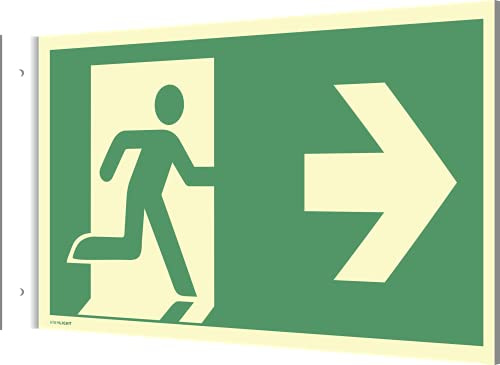 Fahnenschild Wandmontage Notausgang links/rechts, Alu, nachleuchtend,160-mcd, 297x148mm