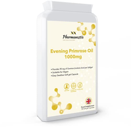 Evening Primrose Oil 1000mg 90 Vegan Softgel Capsules - Cold Pressed - High GLA Formulation with Vitamin E - No GMOs - UK Made by Pharmanostix