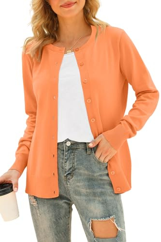YUNDAI Womens Round Neck Button Down Long Sleeve Lightweight Knit Cardigan
