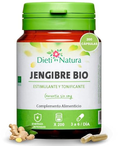 Dieti Natura Jengibre BIO 200 Cápsulas de Origen Vegetal - Tonificante Natural que Estimula la Producción de Energía y Combate la Fatiga - Previene el Mareo y Ayuda a Limitar las Náuseas y Vómitos