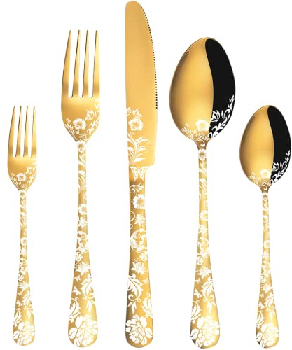 Vilihkc Gold Silverware Flatware Set for 4 Stainless Steel Cutlery Utensil Set, 20 piece Spoon and Fork Set Peony Flower Pattern Design, Mirror Polished Dishwasher Safe