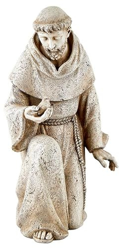 Avalon Gallery Statua da giardino San Francesco d'Assisi in pietra resina interno/esterno scultura cattolica 36,8 cm di altezza, inginocchiato con uccello