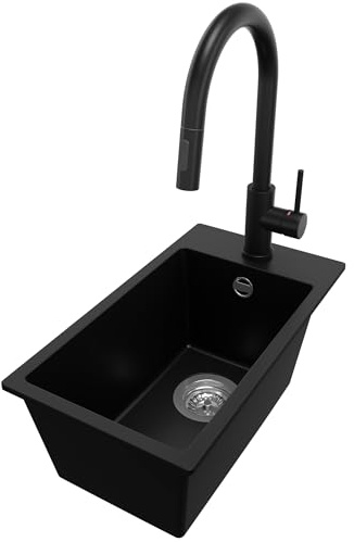 PRIMAGRAN Lavandino da Cucina al Mobile 30cm + Rubinetto, 28x50cm | Set: Rubinetto BW9010 + Kit di scarico (sifone, piletta, troppopieno) + Lavello in Granito a 1 Vasca - Riga, Nero