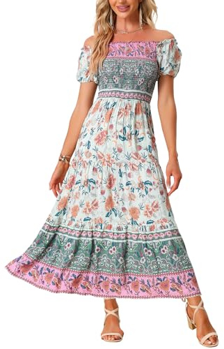 Allegra K Abito Floreale Boho per Abito Smock Midi con Scollo Quadrato da Donna Azzurro S
