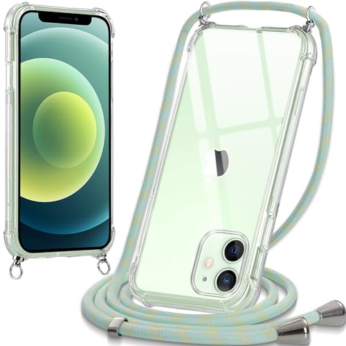 Oelrstfe handyband Hülle mit Band für iPhone 12 Mini, Handyband zum Umhängen Handy Umhängeband Transparent TPU Stoßfest Silikon Handyhülle mit Kette für iPhone 12 Mini, Grün