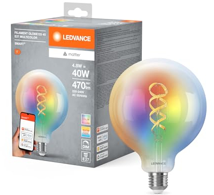 Ledvance SMART+ MATTER LED-Lampe, kompatibel mit Google, Alexa, Apple, Weißglas, 4,8W, 470lm, E27, Farblicht & Weißlicht, App- oder Sprachsteuerung, bis zu 15.000 Std. Lebensdauer, single pack
