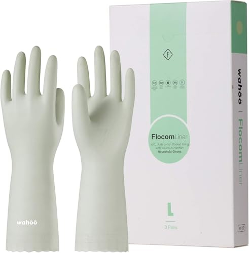 wahoo 3 Pairs Cleaning Gloves, Latex Free Washing up Gloves, Cotton Flocked Lined Dishwashing Gloves for Kitchen, Reusable, Waterproof, Non-Slip, Canary Green, Small