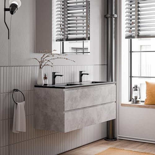 Bernstein Badmöbel-Set AVA 120cm, Waschbecken mit Unterschrank in Beton, Keramik-Waschbecken in Schwarz matt mit Hahnlöcher, Ideal für große Bäder