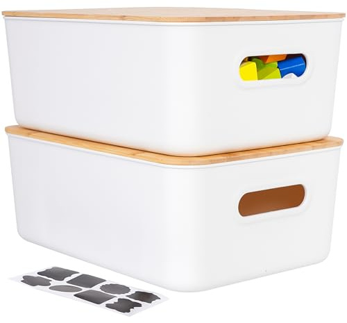 Citylife 2Pack 13L Storage Box with Wood Lid, Plastic Storage Containers for Bathroom, Stackable Organizing Box with Handle for Shelves, Kitchen, White, 38 x 27 x 15 cm