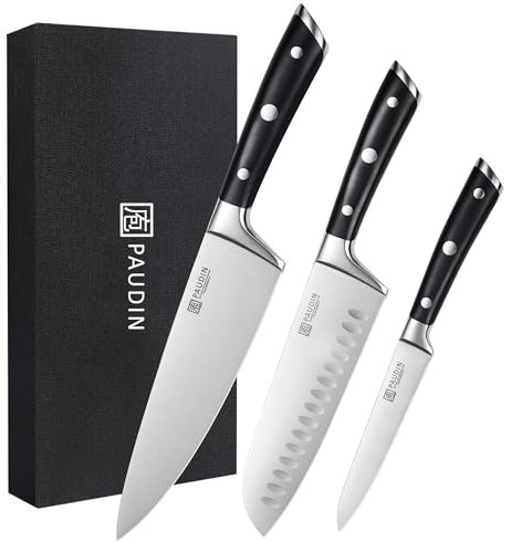 PAUDIN Set di coltelli da cucina 3 pezzi, professionale coltello da cuoco, coltello Santoku, coltello multiuso in acciaio inossidabile tedesco ad alto tenore di carbonio, affilato, super duro, durevol