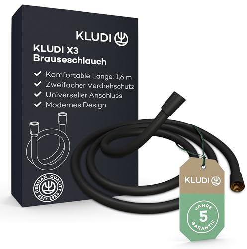 KLUDI-X3 Universal Duschschlauch 1,60 m aus reinigungsfreundlichem Kunststoff, flexibler Brauseschlauch mit doppeltem Verdrehschutz, knickfest, Standard Anschluss, Brauseschlauch Schwarz Matt